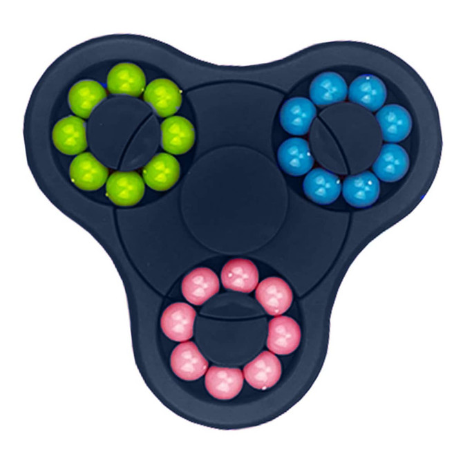 A fidget spinner with a dark blue body and circular sections of green, blue, and pink beads.