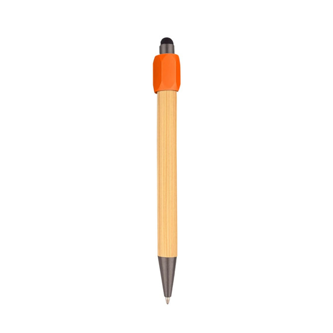 A bamboo stylus pen with an orange top, featuring a sleek design for writing.