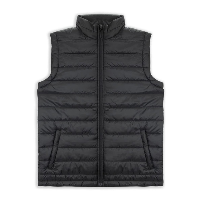 A black unisex puffer vest featuring a high collar, two front pockets, and a zip closure. It has a logo on the design.