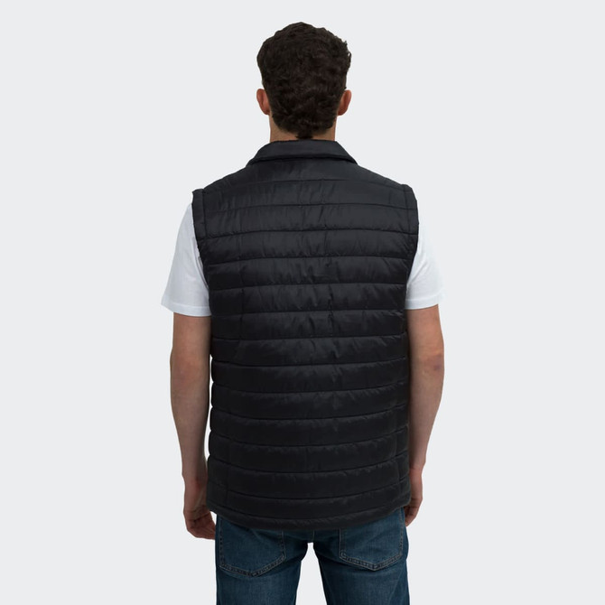A black unisex puffer vest with a quilted design, featured on a person wearing a white T-shirt.