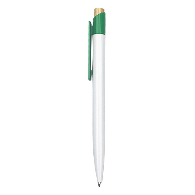 A white plastic pen with a green clip and gold tip. It features a branding logo.