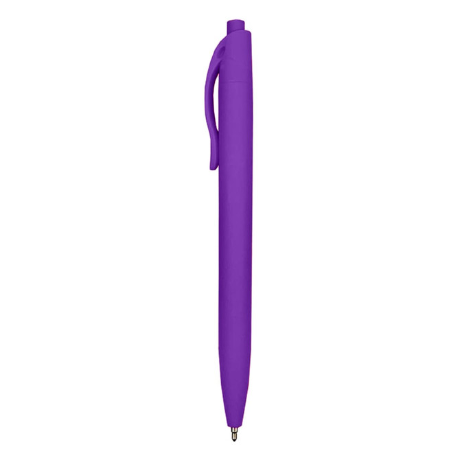 A purple plastic pen with a smooth finish and a clip attached. It features a logo on its body.