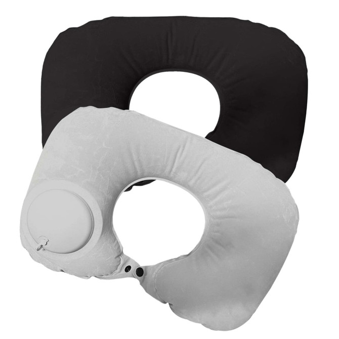 A black and grey inflatable neck pillow with a rounded design and a valve for inflation. Features a logo.