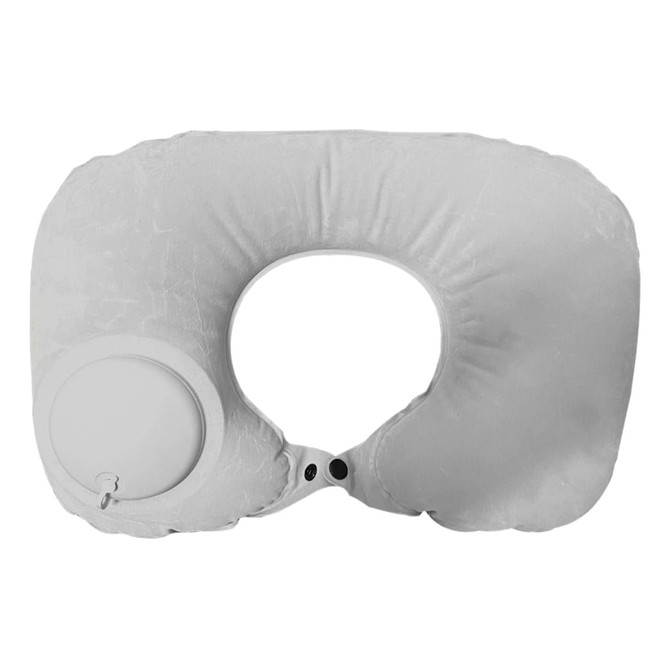 An inflatable neck pillow in light grey with an inflation valve and a rounded design.