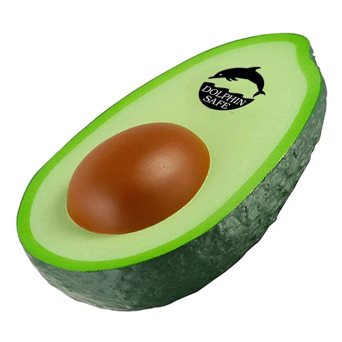 A green and brown stress avocado with a logo, designed as a fun stress-relief item.