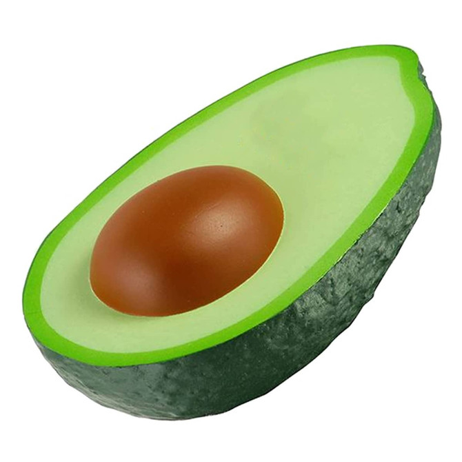 A green and brown stress toy shaped like a halved avocado, with a brown pit in the centre.