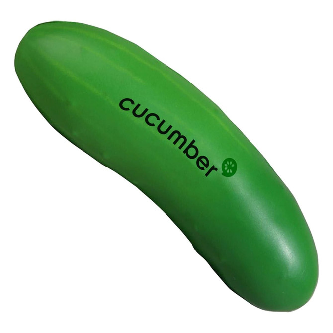 A green stress cucumber with a logo and the word "cucumber" printed on it.