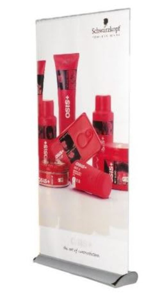 A red pull-up banner featuring various hair care products in red packaging, with a logo at the top.