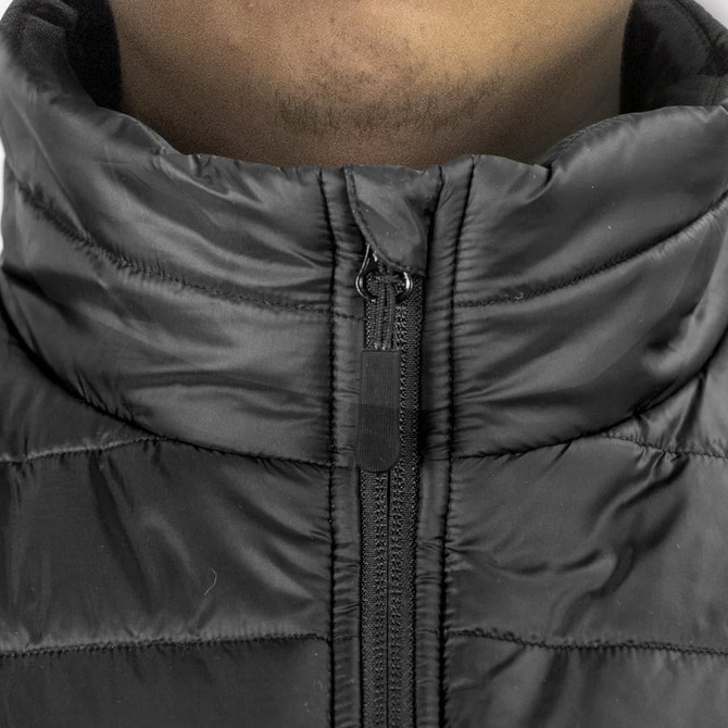 A black puffer vest with a high collar and zip closure, featuring a subtle logo on the fabric.