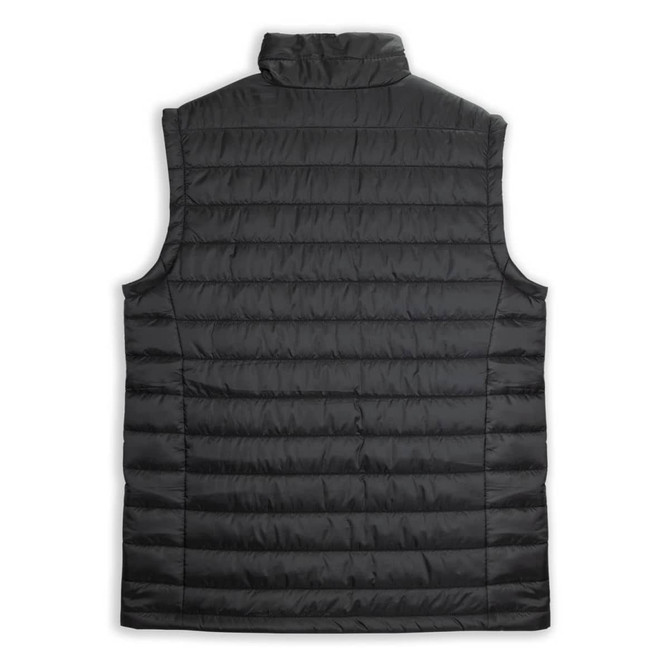 A black puffer vest with a high collar and quilted design, featuring a logo on the back.