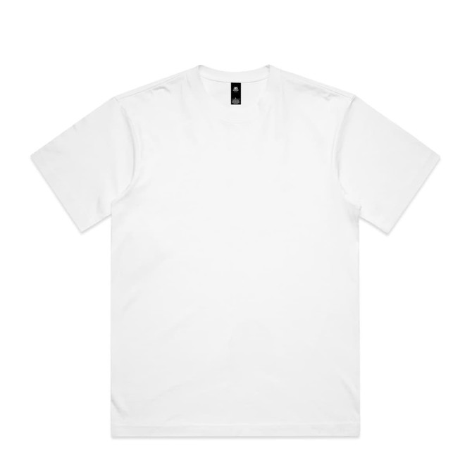 A plain white T-shirt featuring a simple design and a branding label at the neckline.