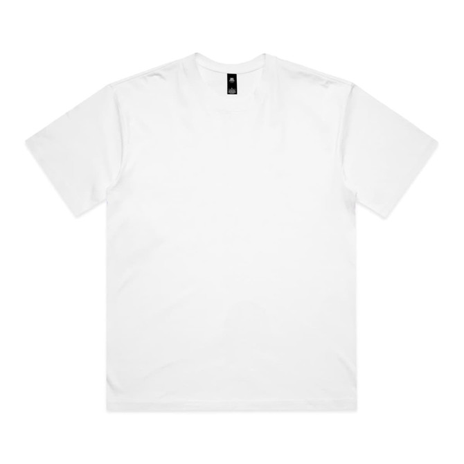 A plain white T-shirt with short sleeves and a logo tag at the neckline.