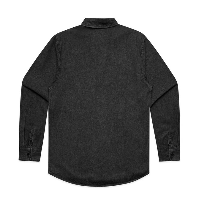 A dark grey button-up shirt with long sleeves and a collar. The back is plain and features a logo.