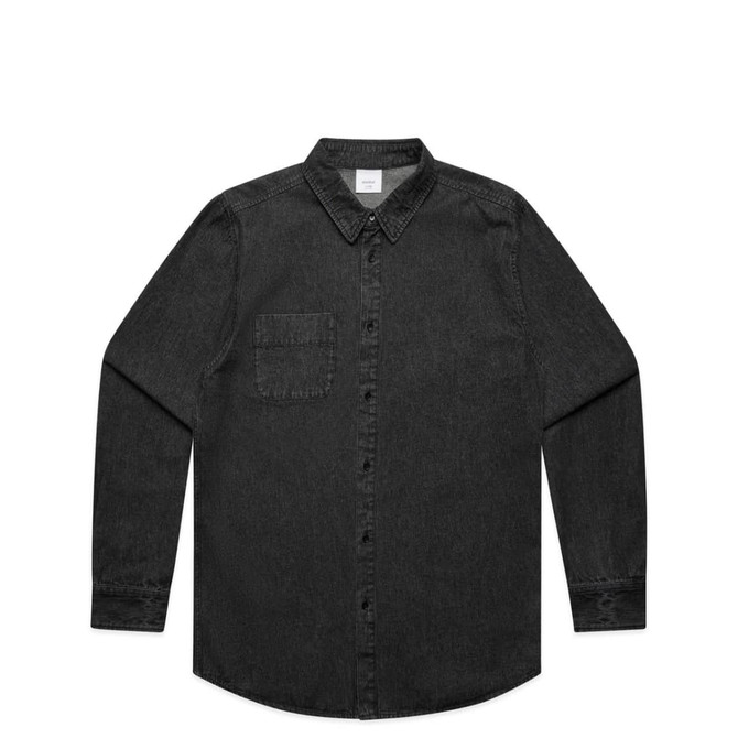 A button-up shirt in stone wash black with a single chest pocket and long sleeves, featuring a logo.