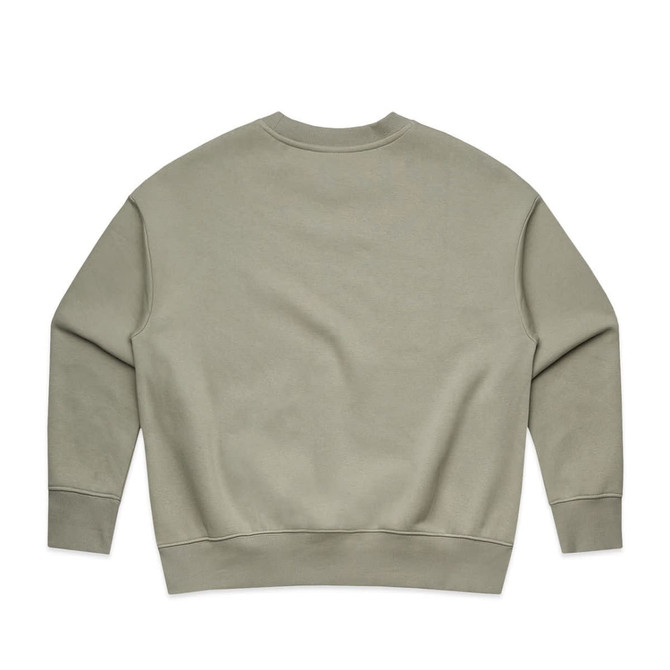 A khaki green crew jumper with a plain back design and long sleeves, featuring a logo.