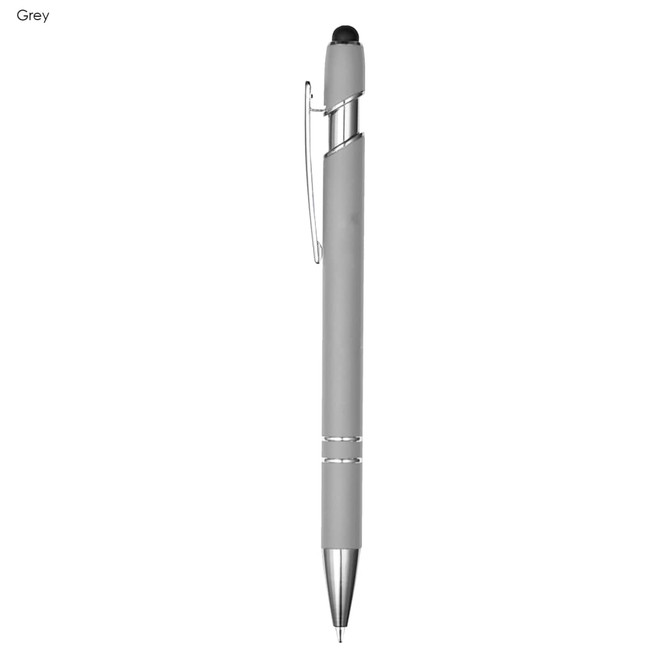 A grey pen with a sleek design and a stylus tip, featuring a clip and branding element.