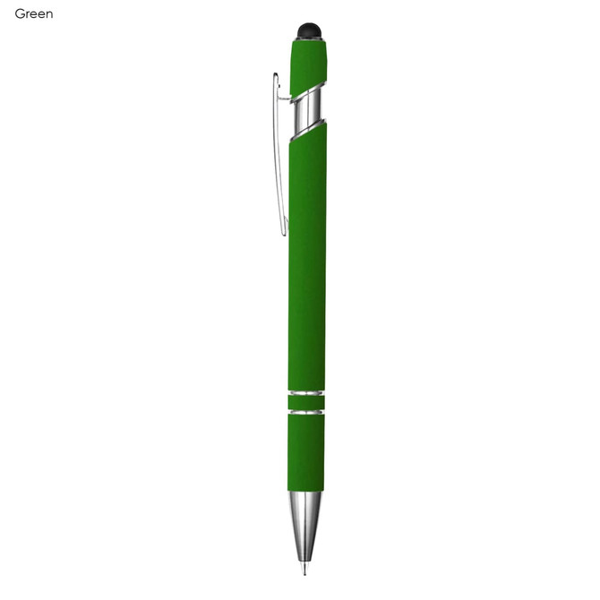 A green pen with a silver clip and a stylus tip, featuring decorative silver bands.