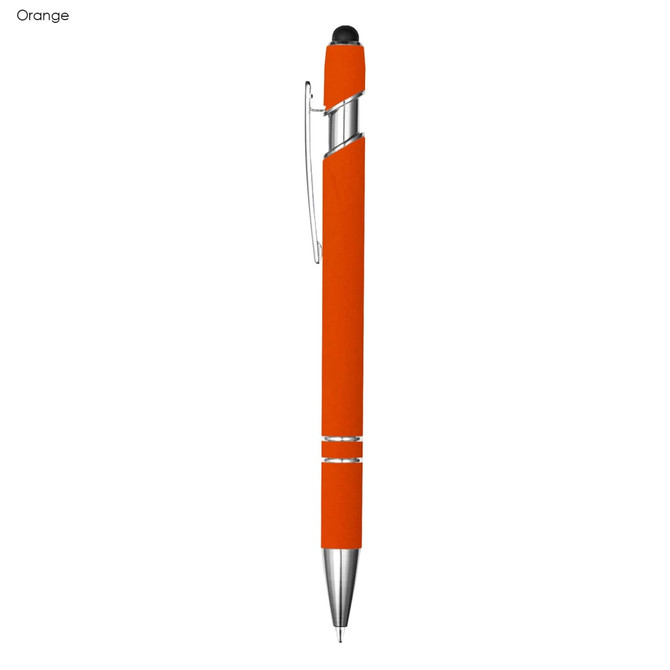 An orange pen with a metallic clip and a stylus tip on the end, featuring a sleek design.