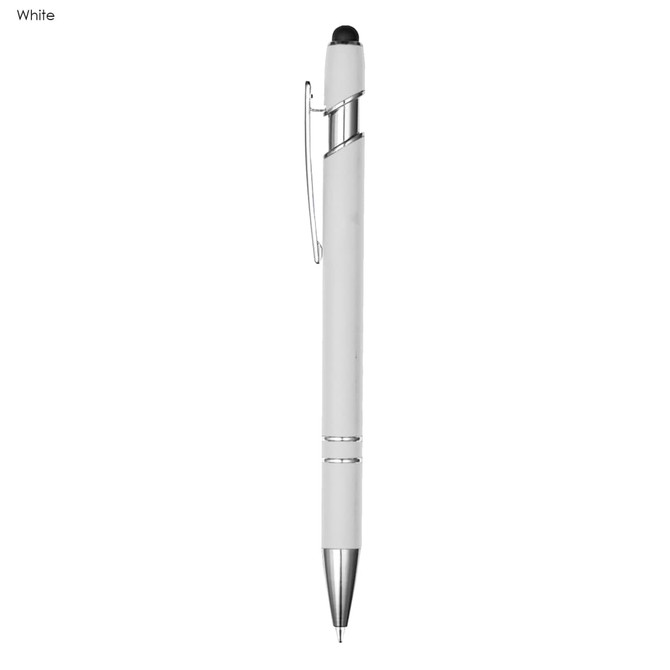 A white pen with a silver clip and tip, featuring a stylus at the top. It has a sleek, modern design.