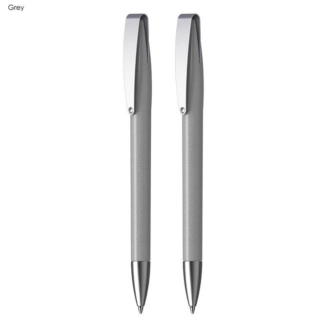 A grey pen set with a sleek design, featuring a metallic finish and a clip, presented with a branding logo.