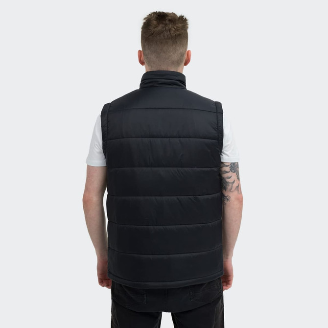 A black men's puffer vest with a high collar, featuring horizontal stitching and a logo on the back.