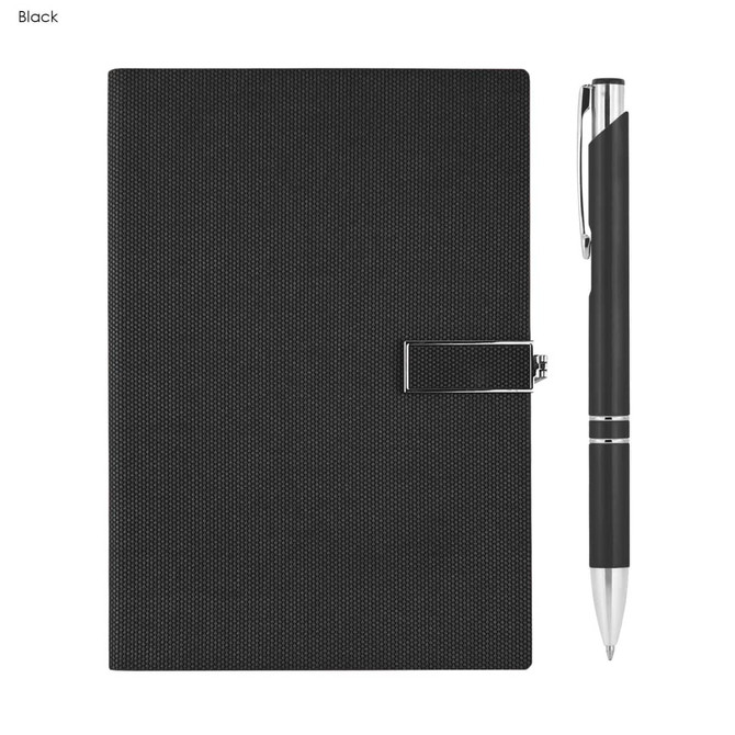 A black notebook with a textured cover and a matching pen. The notebook has a metal clasp.