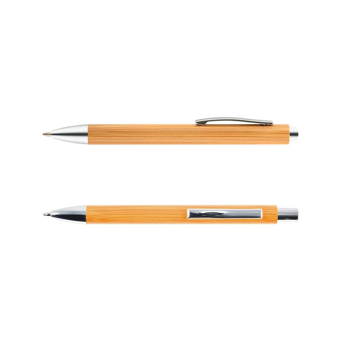 A bamboo pen with a sleek design featuring silver accents, showcasing a light natural wood finish.