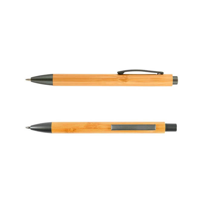 A bamboo pen in natural tones with a metal clip and grey accents, featuring a sleek design and minimalist style.