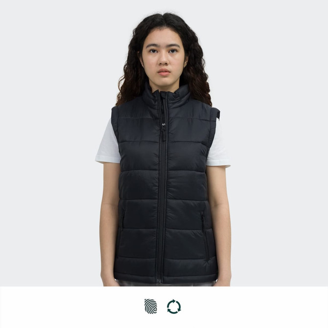 A black women's puffer vest with a front zip and a high collar, displayed on a model.