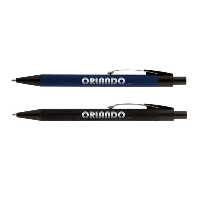 A pair of metal pens featuring a blue and a black barrel, each with a clip and branding.