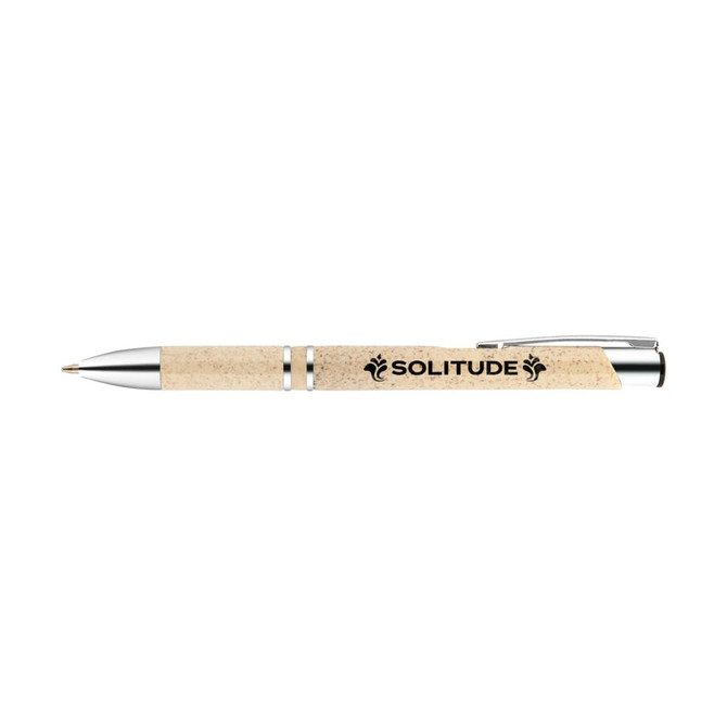 A cork-finished pen with silver accents and a branding logo displayed on the barrel.