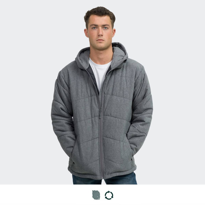 A grey puffer jacket with a hood, featuring a quilted design and front pockets, including a logo.