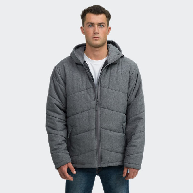 Men's puffer jacket in grey, featuring a hood and a zip closure, displayed on a model.