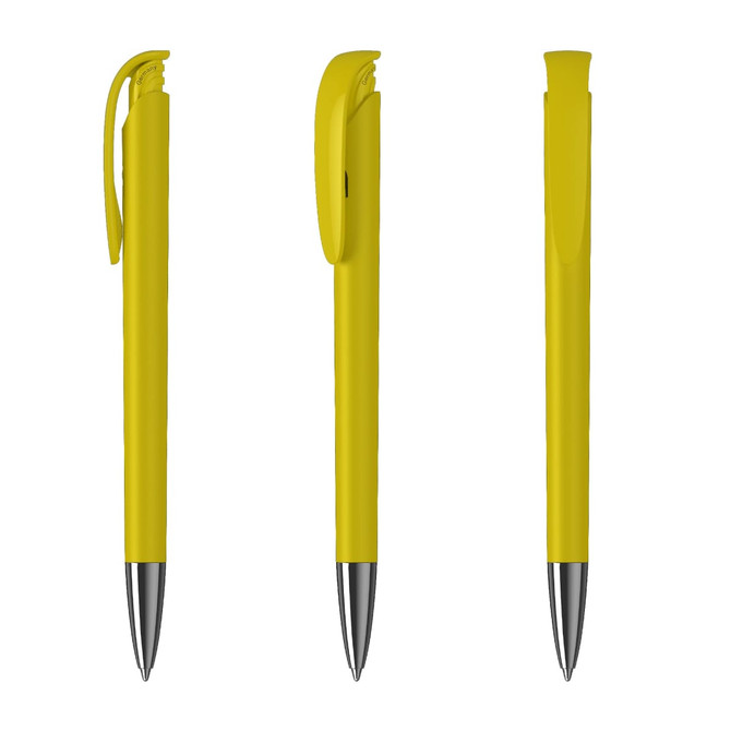 A yellow metal pen with a high gloss finish, featuring a clip and a sleek design from multiple angles.