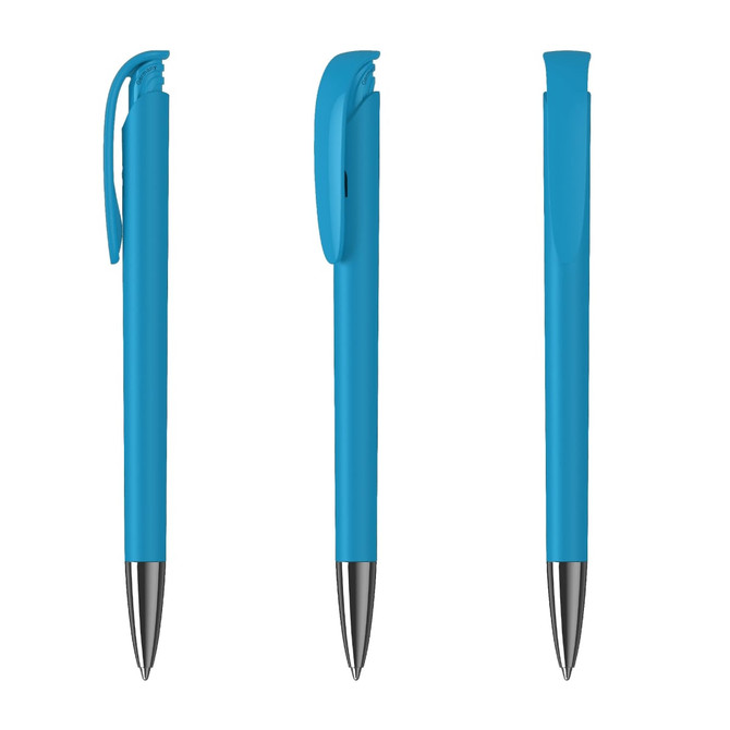 A blue metal pen with a high gloss finish, featuring a clip on one side and a simple design.