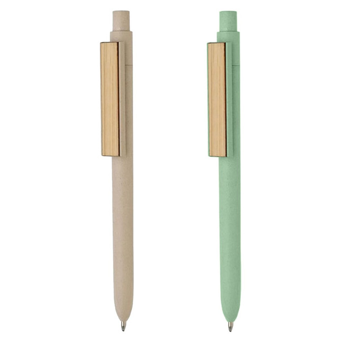 Two bamboo fibre pens in beige and green, featuring a metal clip, with a simple design and sleek appearance.