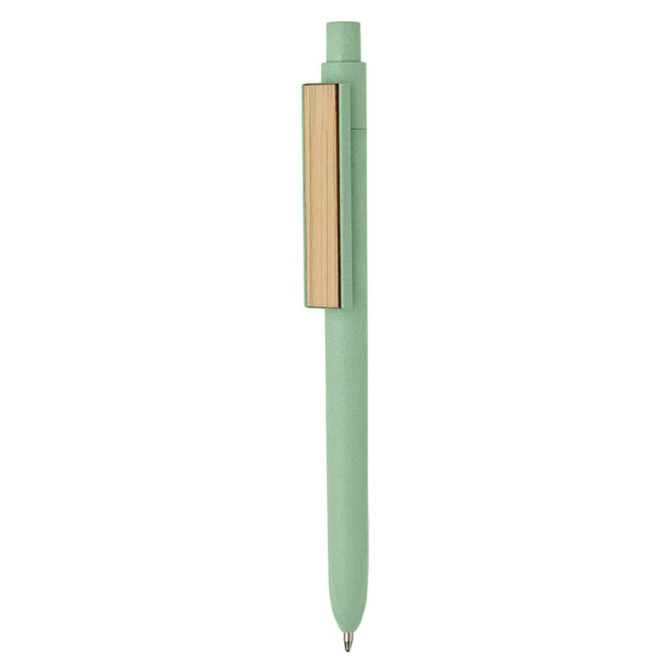 A bamboo fiber pen in light green with a wooden clip. The pen features a simple, sleek design.