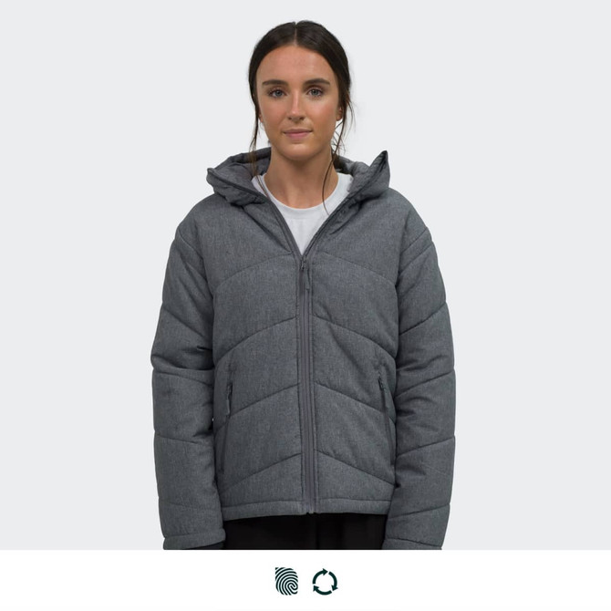 A women's puffer jacket in grey with a hood, featuring a zip front and a logo.