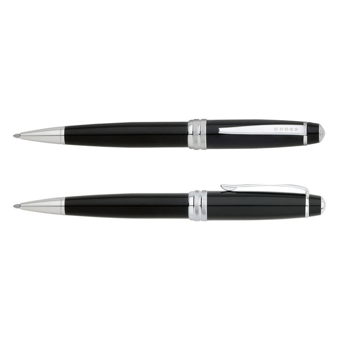 A black metal ballpoint pen with silver accents and a logo on the body.