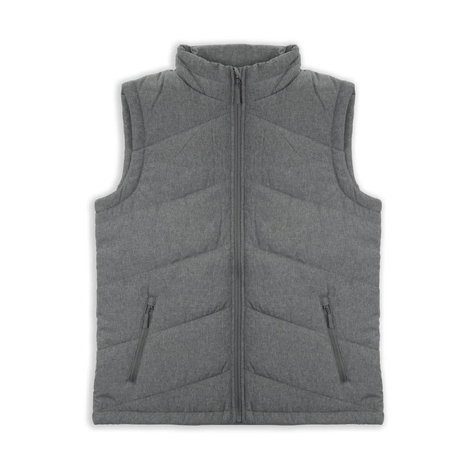 A grey puffer vest featuring a zip front and two side pockets, with chevron stitching design.