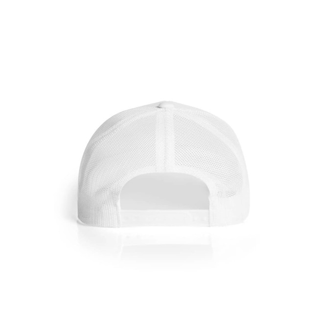 A white Mesh Trucker Cap featuring a mesh back and an adjustable strap.