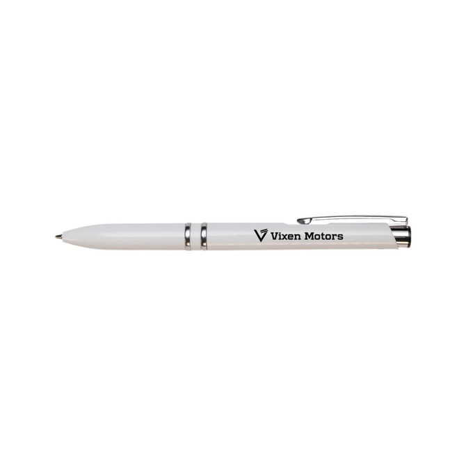 A white pen with a silver clip and accents, featuring a logo on the barrel.
