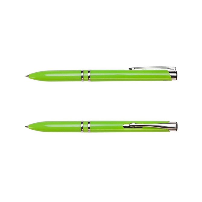 A green pen with a shiny finish and chrome accents, featuring a clip and decorative rings.