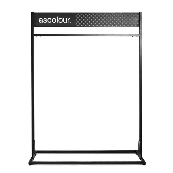 A display rack featuring a black frame and a logo at the top, designed for showcasing products.