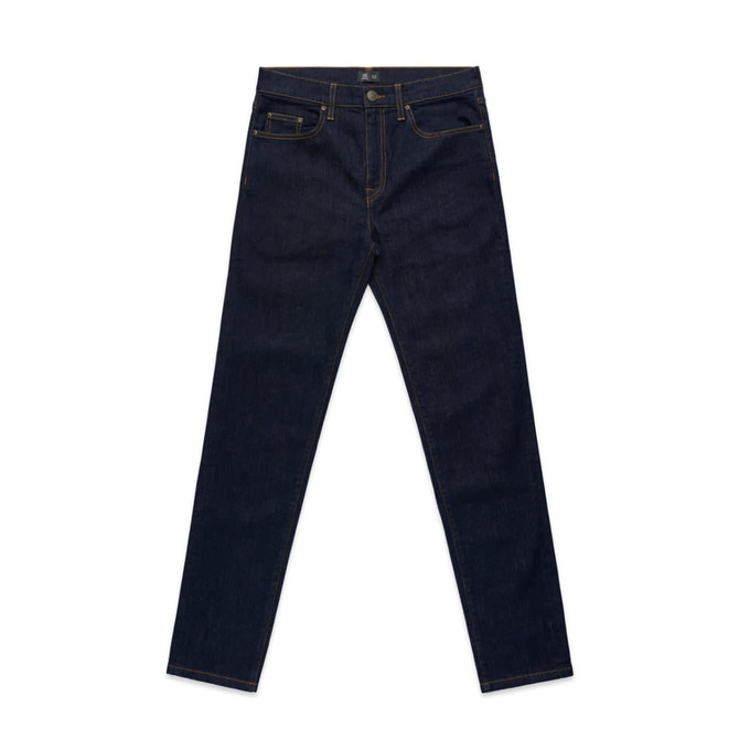 A pair of dark blue jeans with a fitted style, featuring pockets and a branding label on the waistband.