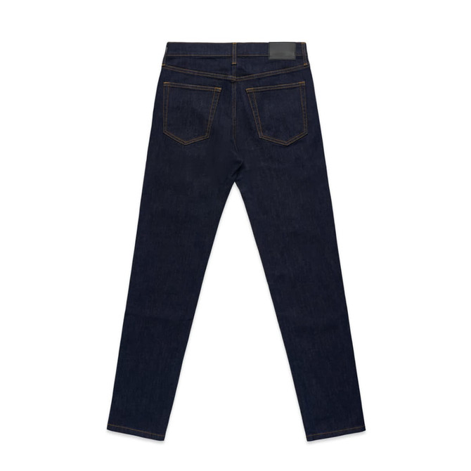 A pair of dark blue jeans with a slim fit and two back pockets, featuring stitching details and a logo.