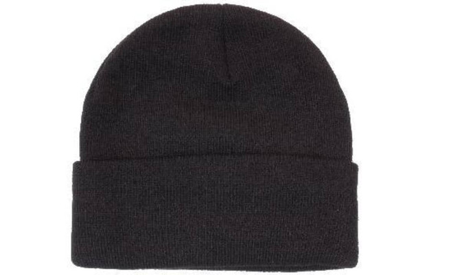 A black acrylic beanie with a Thinsulate lining, featuring a folded cuff at the bottom.