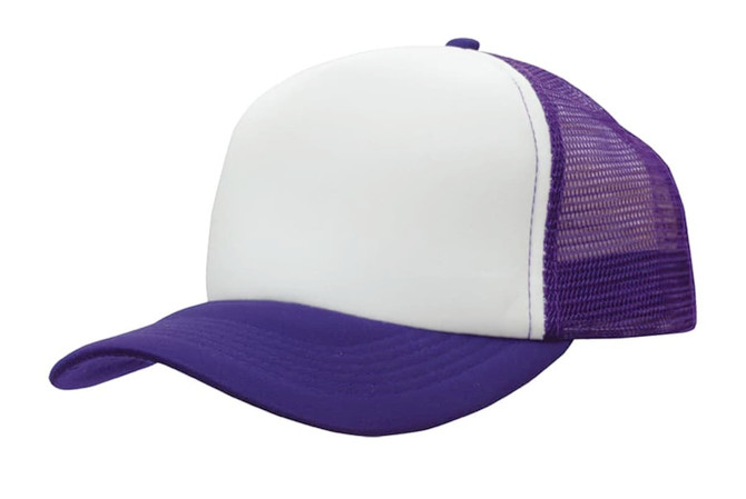 A purple and white truckers mesh cap featuring a structured front and a breathable mesh back.