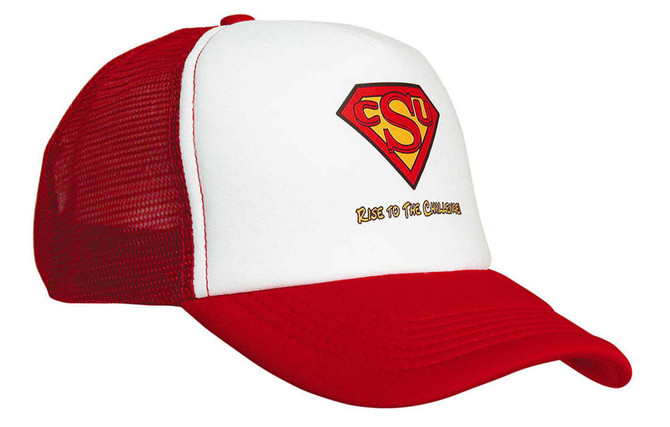 A red and white truckers mesh cap with a logo and a patch featuring a superhero emblem.