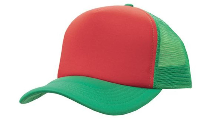 A truckers mesh cap featuring a red front and a green mesh back. It has a curved brim and a structured design.